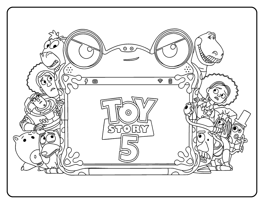A turma de Toy Story 5 e a tela do tablet para colorir
