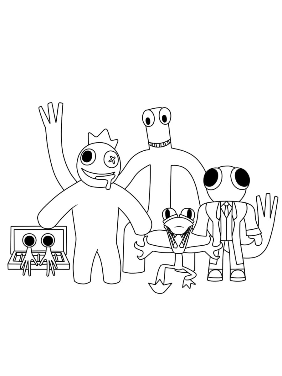 A turma dos Rainbow Friends reunida para colorir