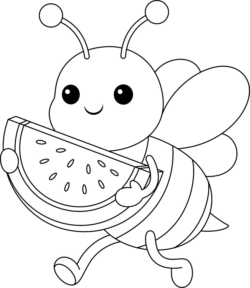 Abelhinha carregando uma fatia de melancia para colorir