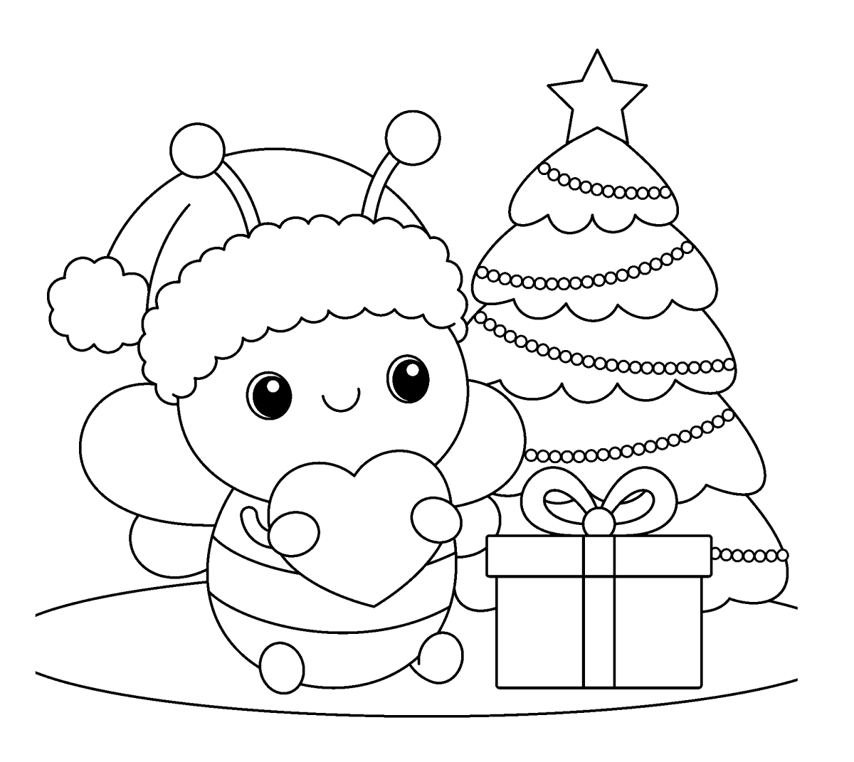 Abelhinha de Natal com a árvore e presente para colorir
