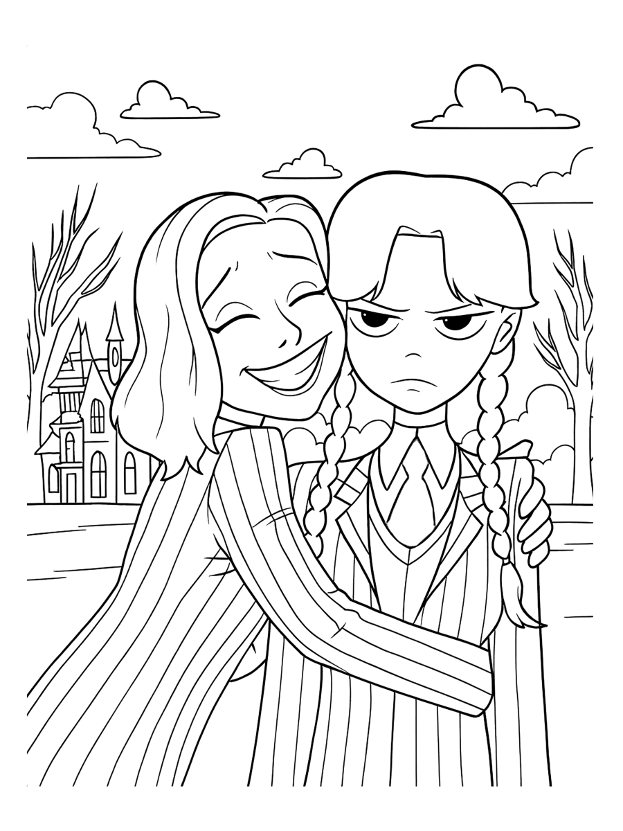 Abraço de Mortícia e Wandinha para colorir