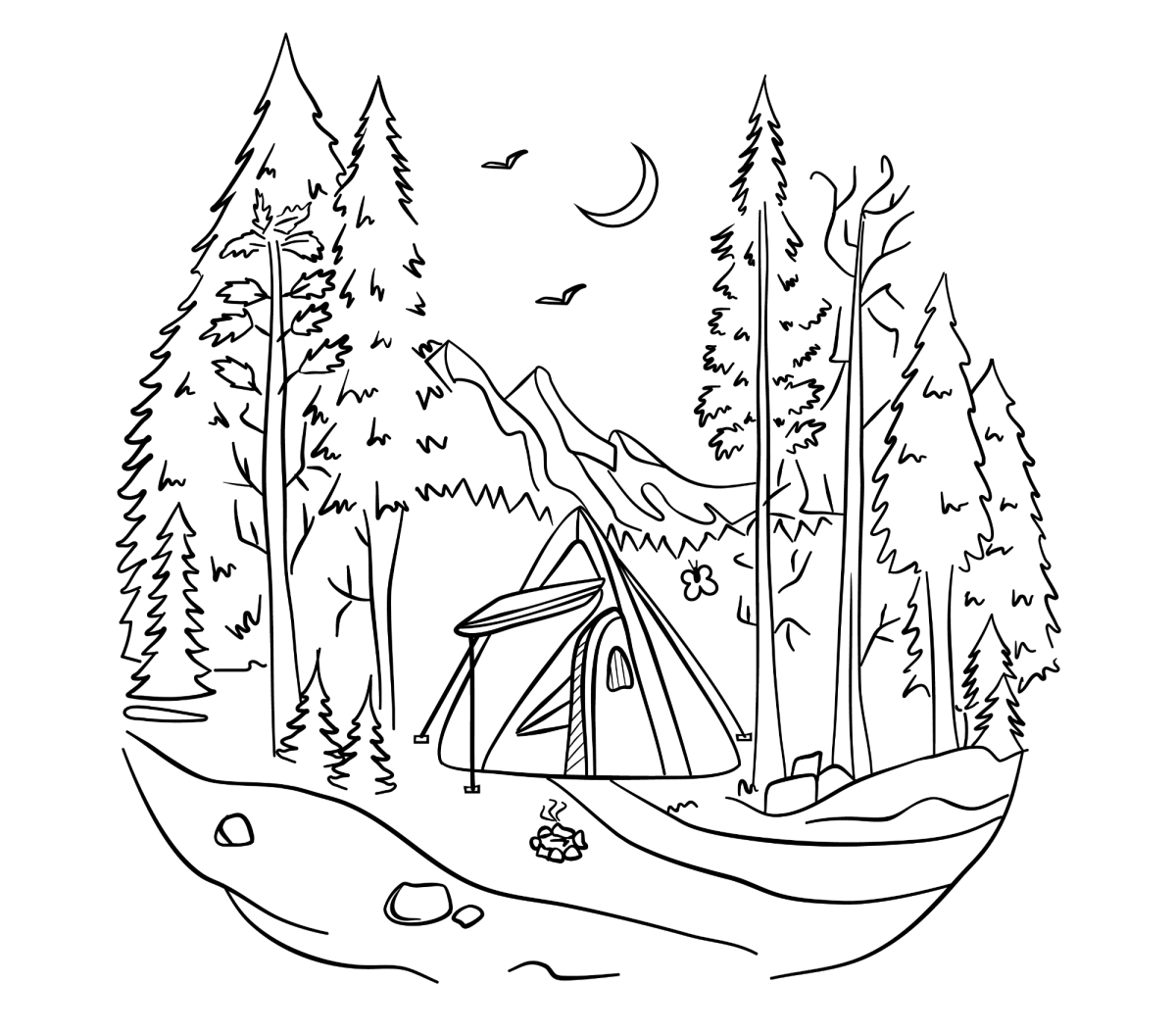 Acampamento com barraca e fogueira na floresta para colorir