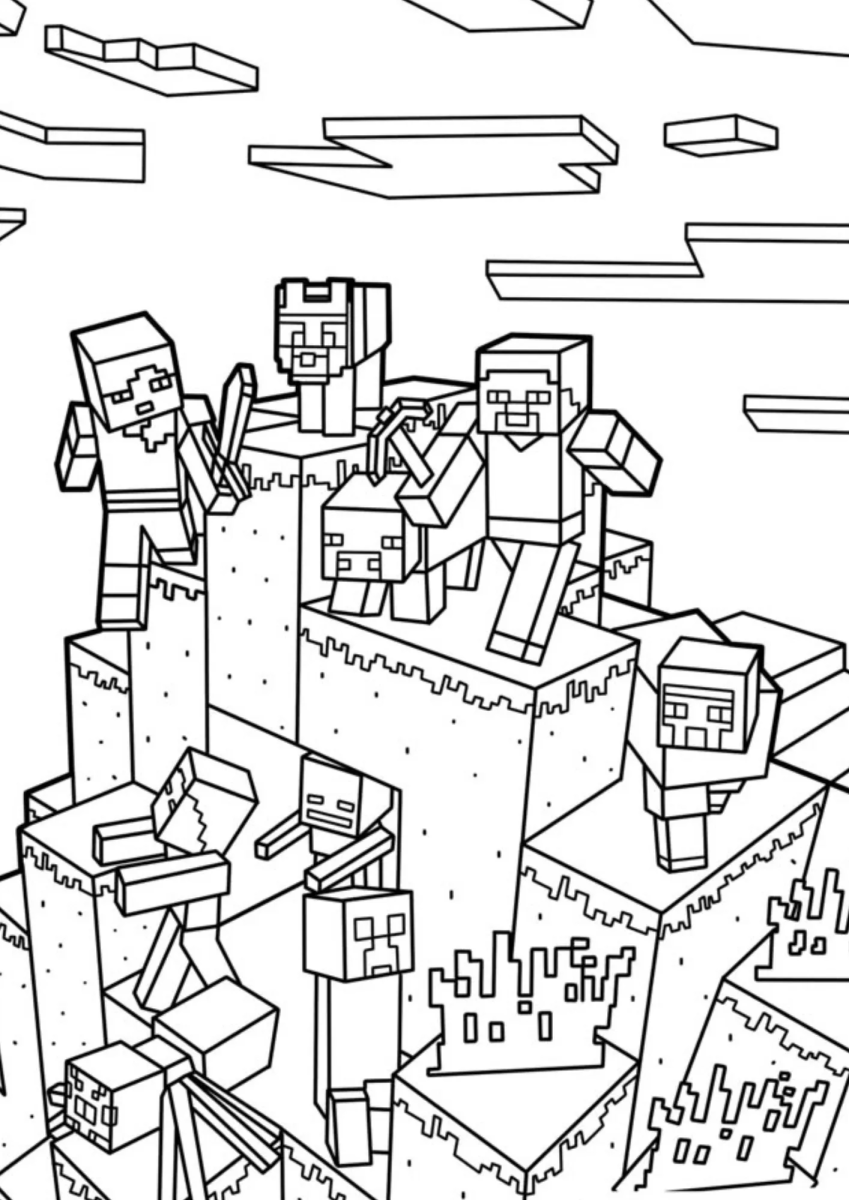 Aldeões e Steve na vila para colorir
