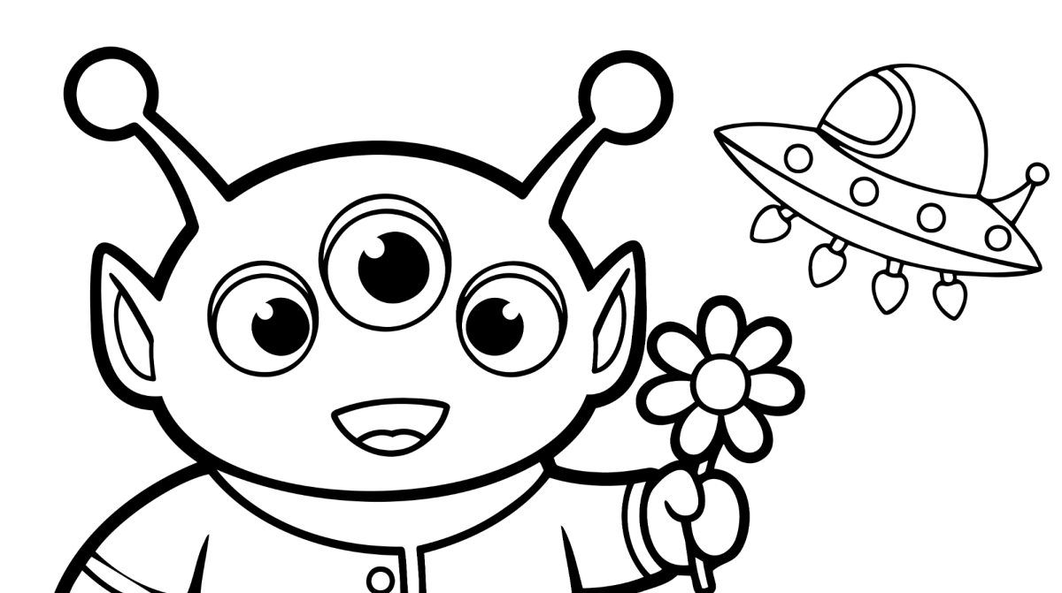 Alienígena de três olhos segurando uma flor para colorir