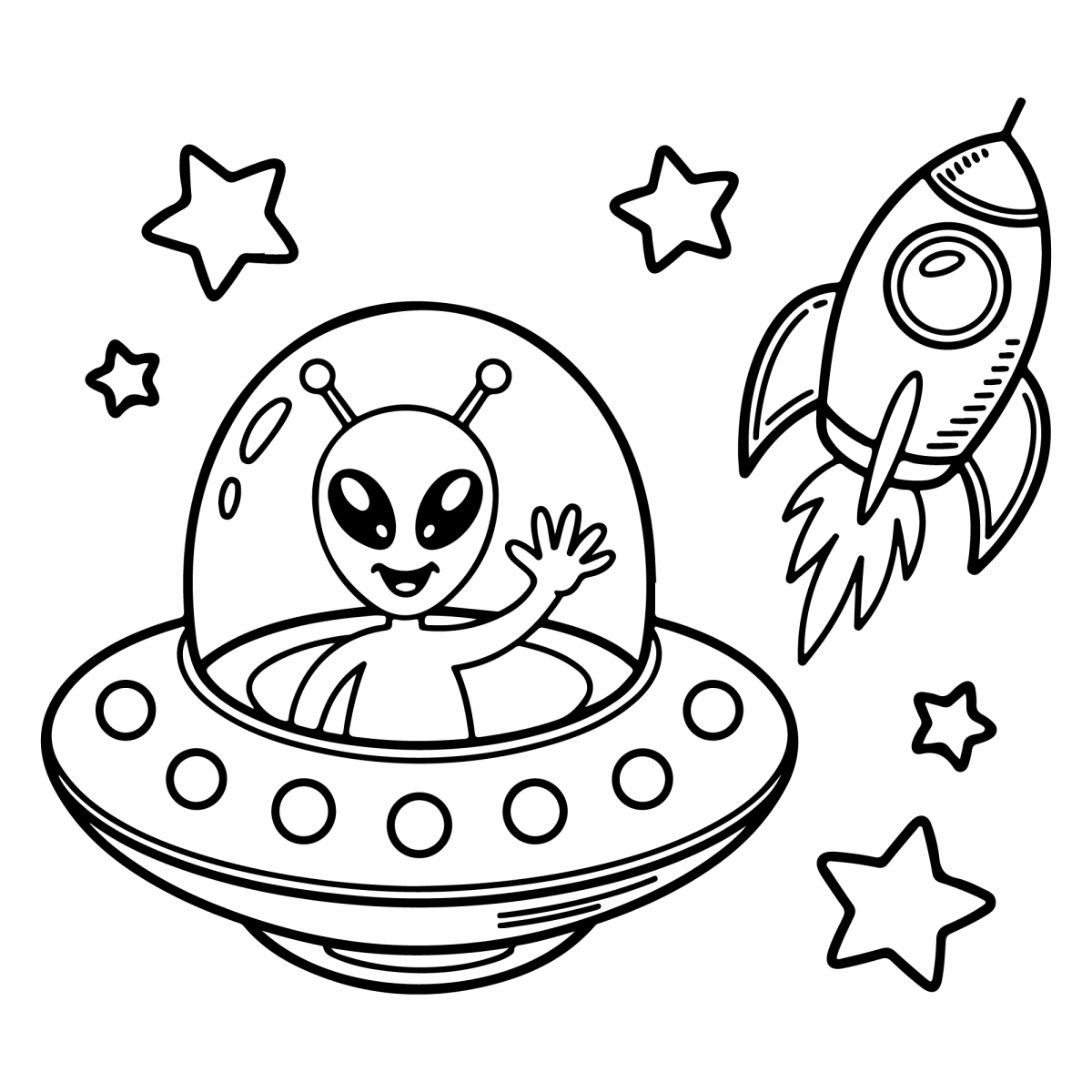 Alienígena no disco voador com foguete e estrelas para colorir
