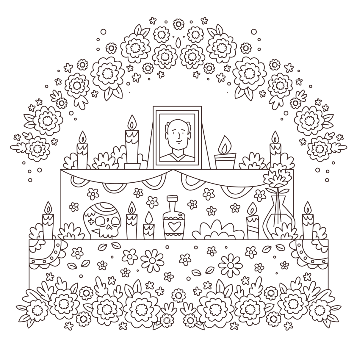 Altar coberto de flores de cempasúchil para colorir