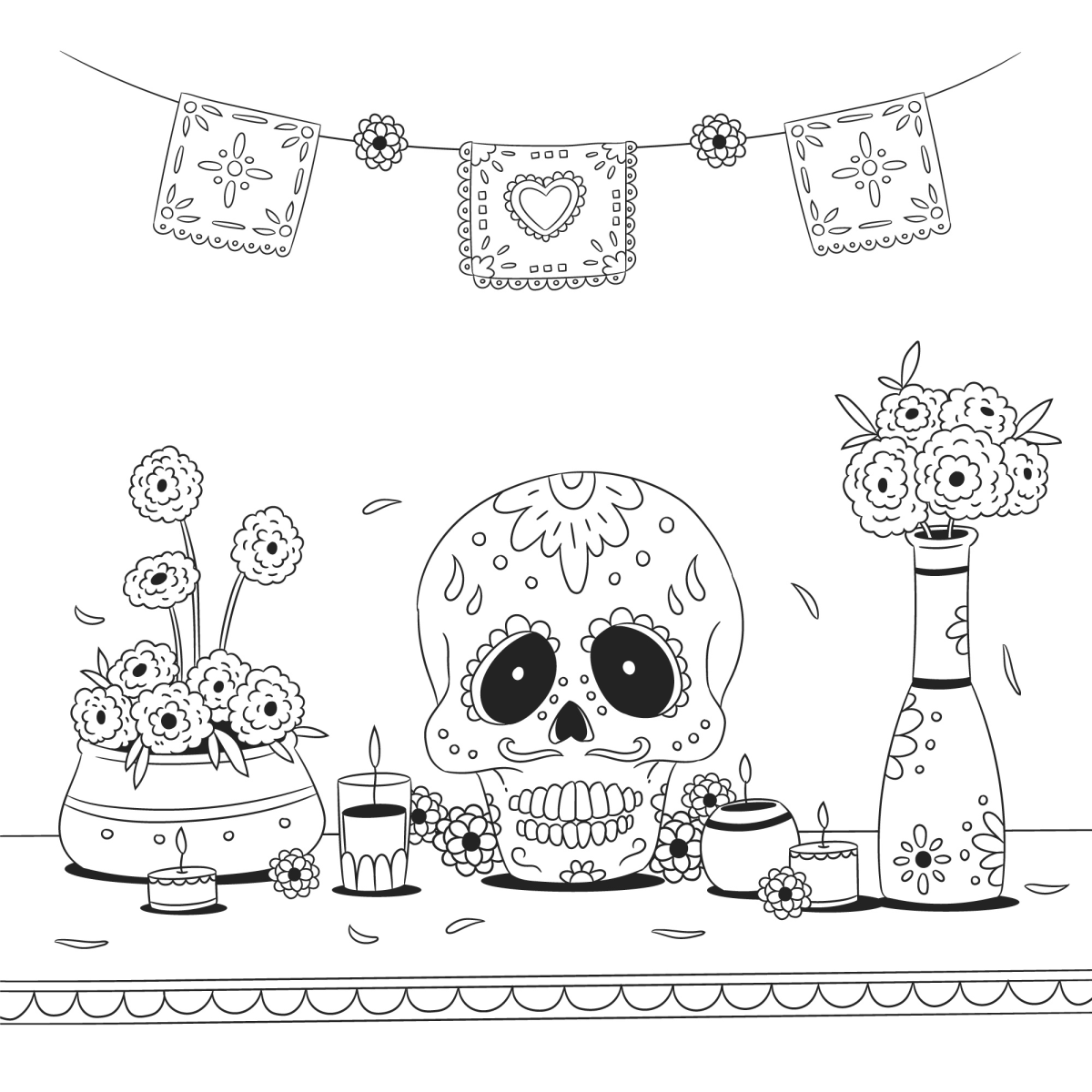 Altar com caveira, flores e papel picado para colorir