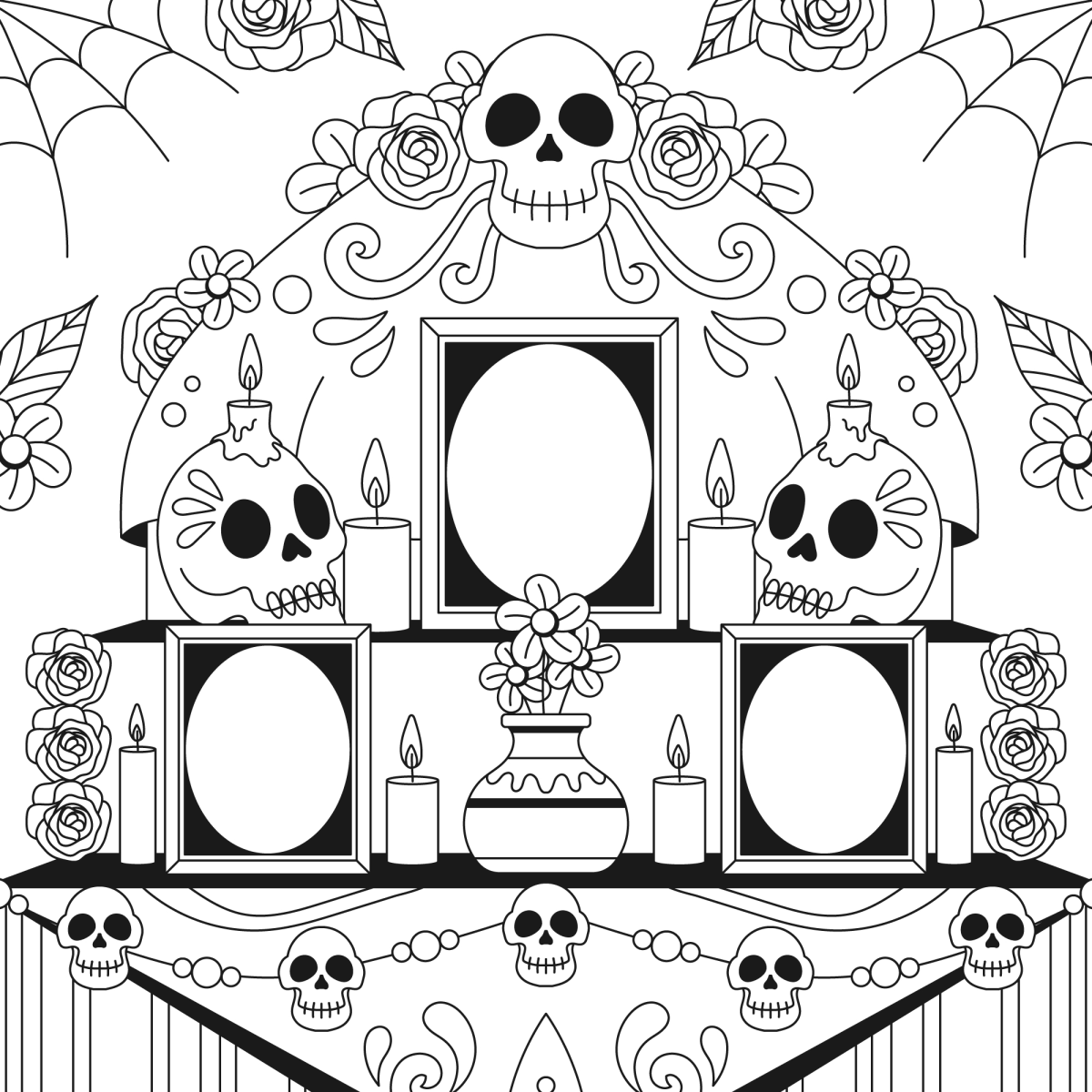 Altar com caveiras, teias e velas para colorir