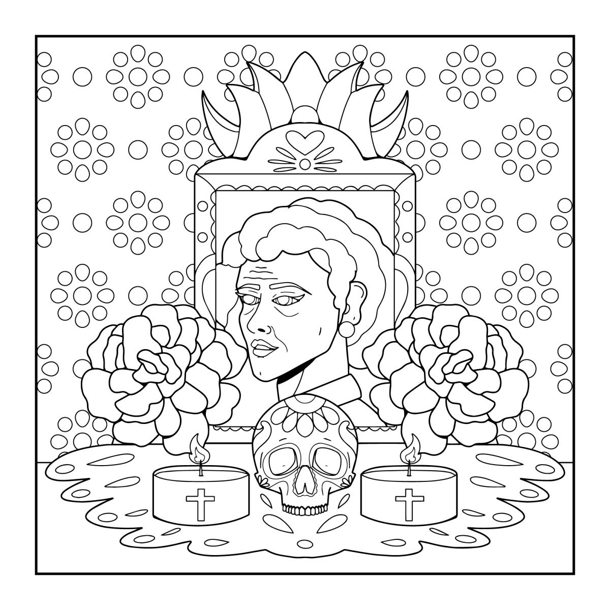Altar com retrato, velas e caveirinha para colorir