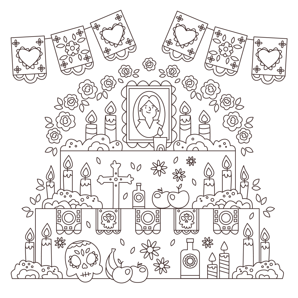 Altar do Dia dos Mortos cheio de flores e velas para colorir