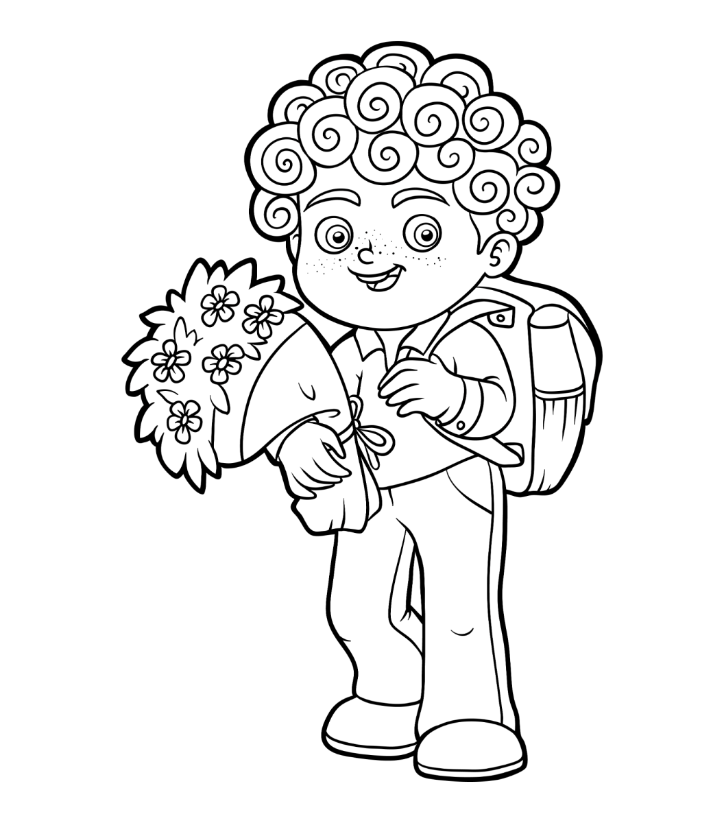 Aluno levando flores para a professora para colorir