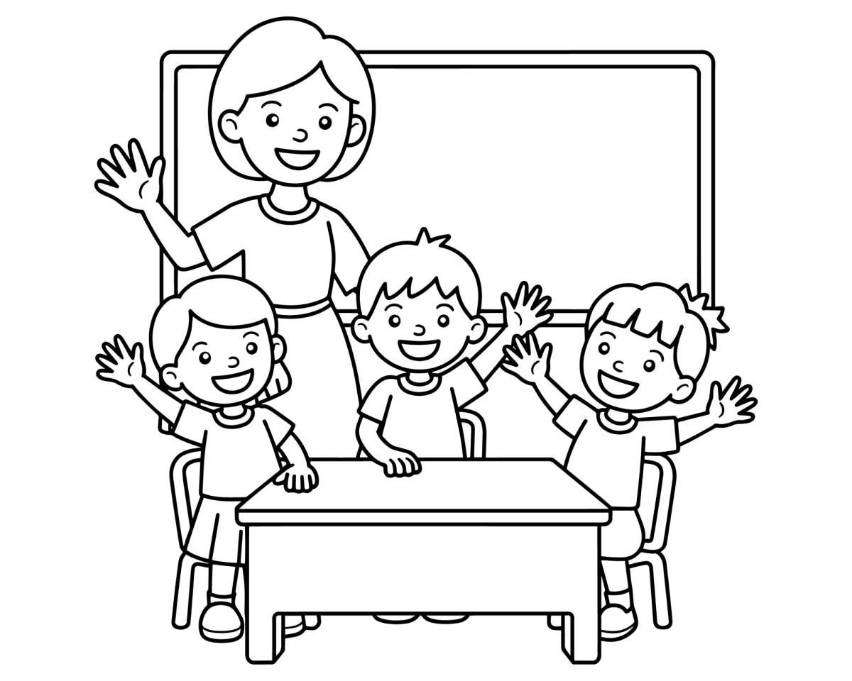 Alunos felizes abraçando a professora para colorir
