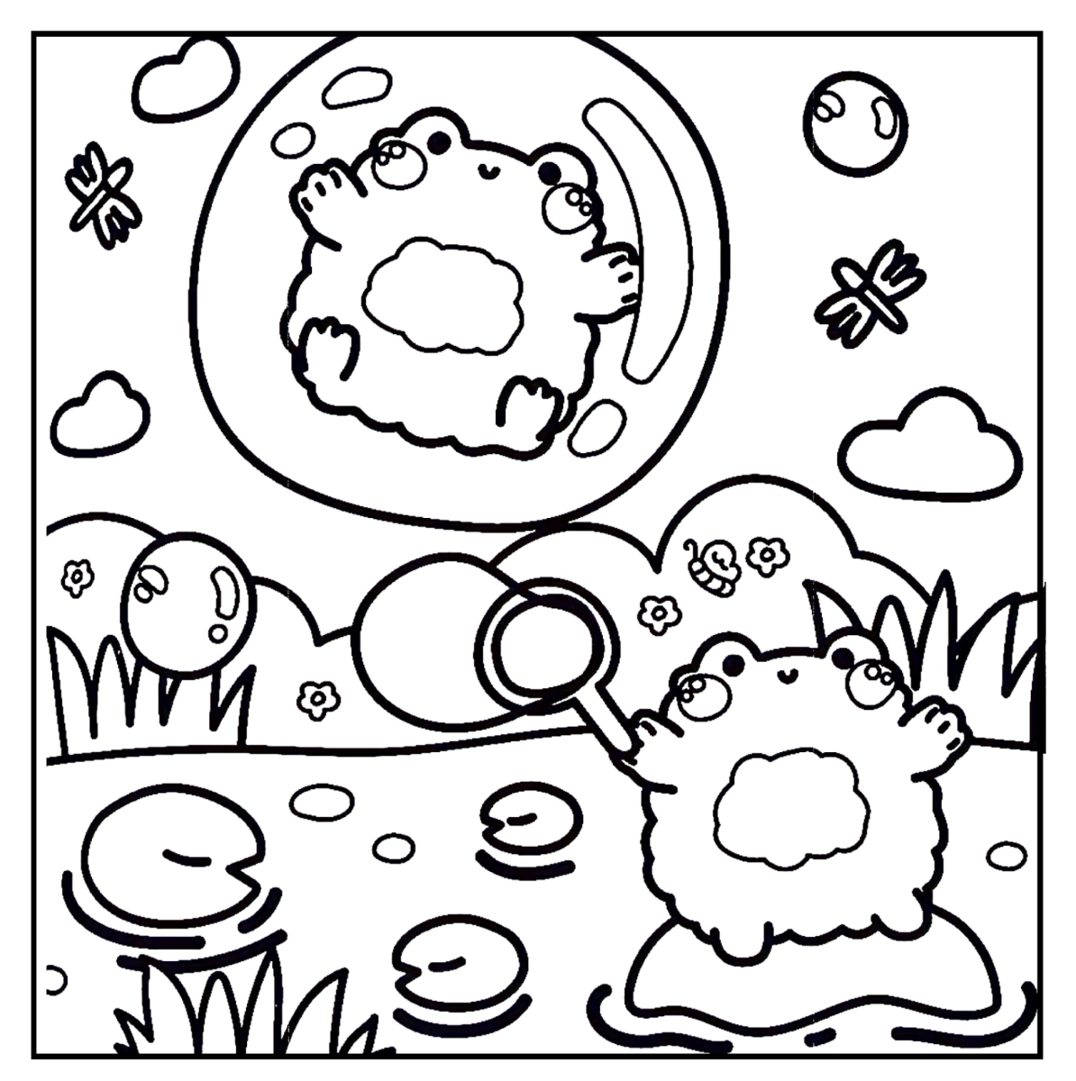 Amigos fofinhos brincando no lago para colorir