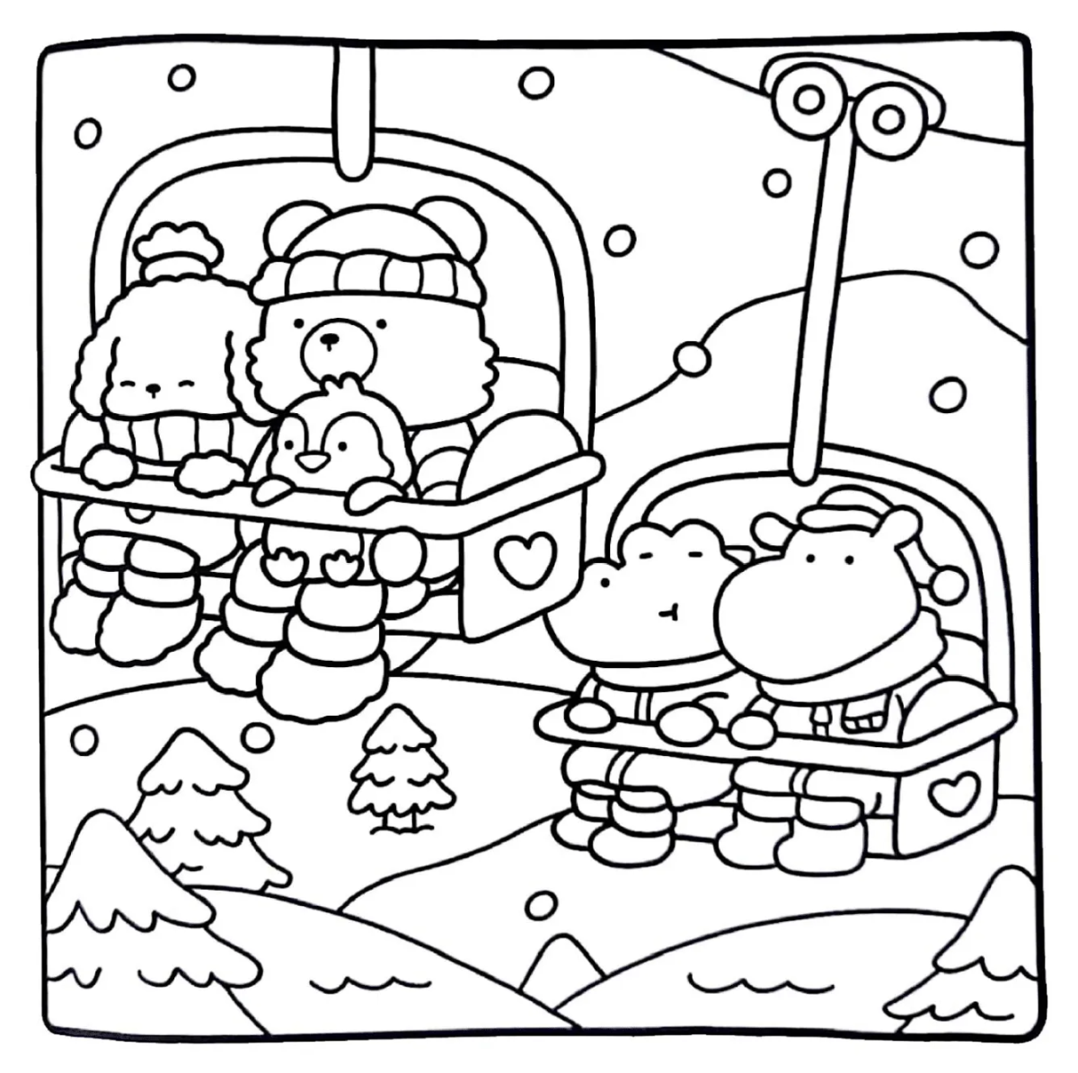 Amigos no teleférico da montanha de neve para colorir