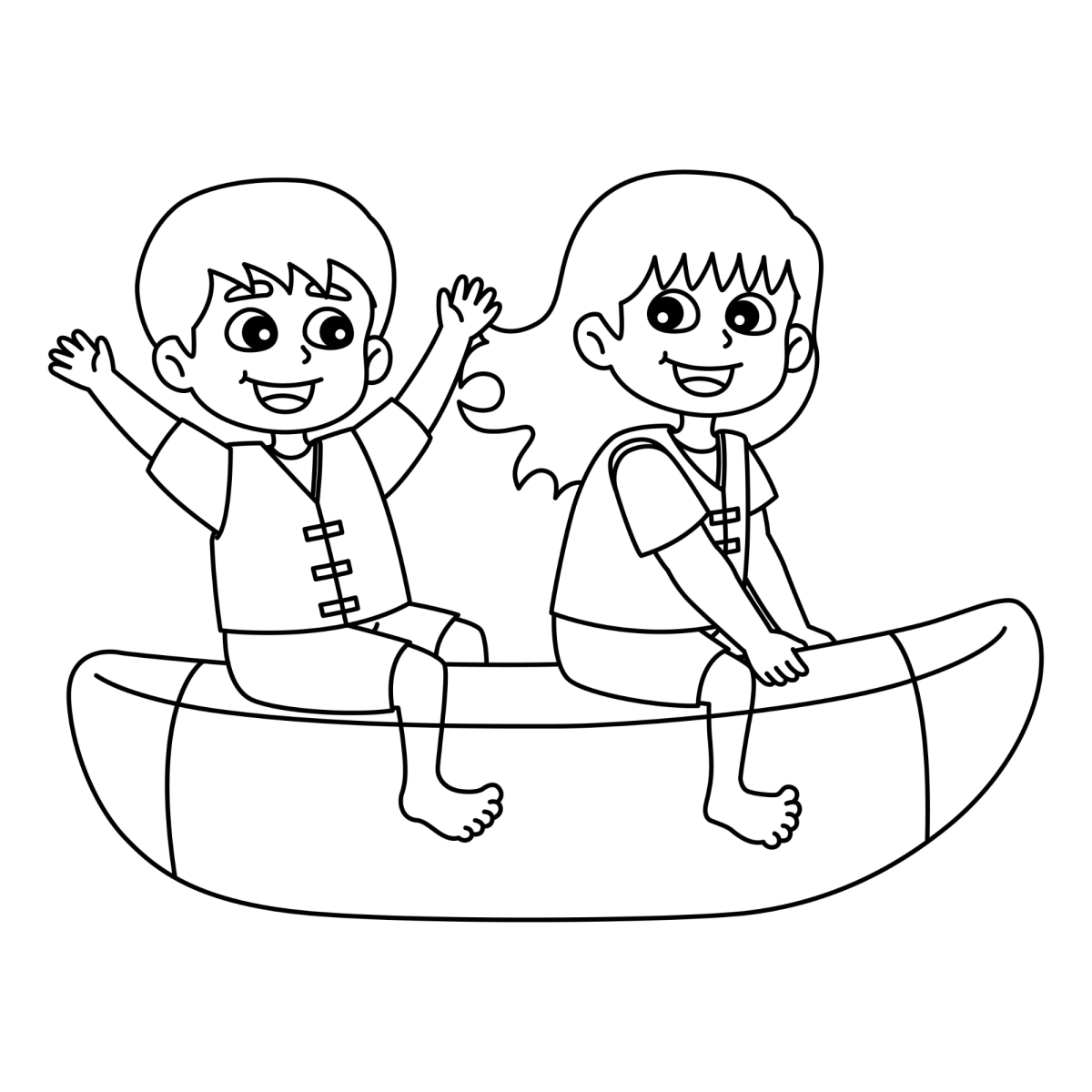Amigos remando em uma canoa para colorir