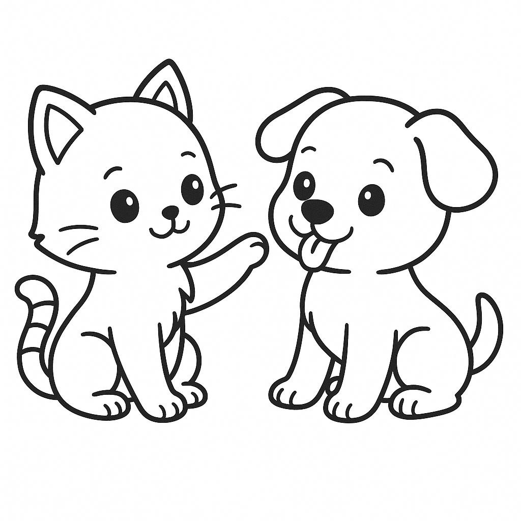 Amizade Inocente: Gato e Cachorro Esperando Cores
