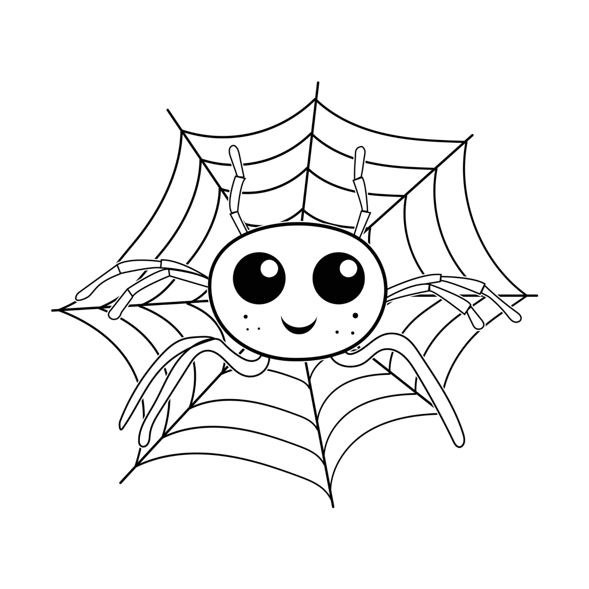 Aranha fofa sorrindo na teia para colorir