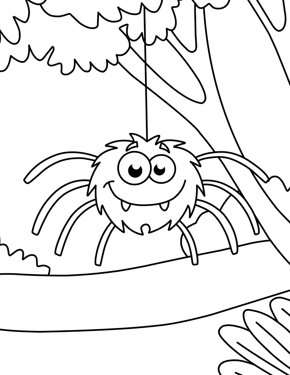 Aranha pendurada na árvore para colorir