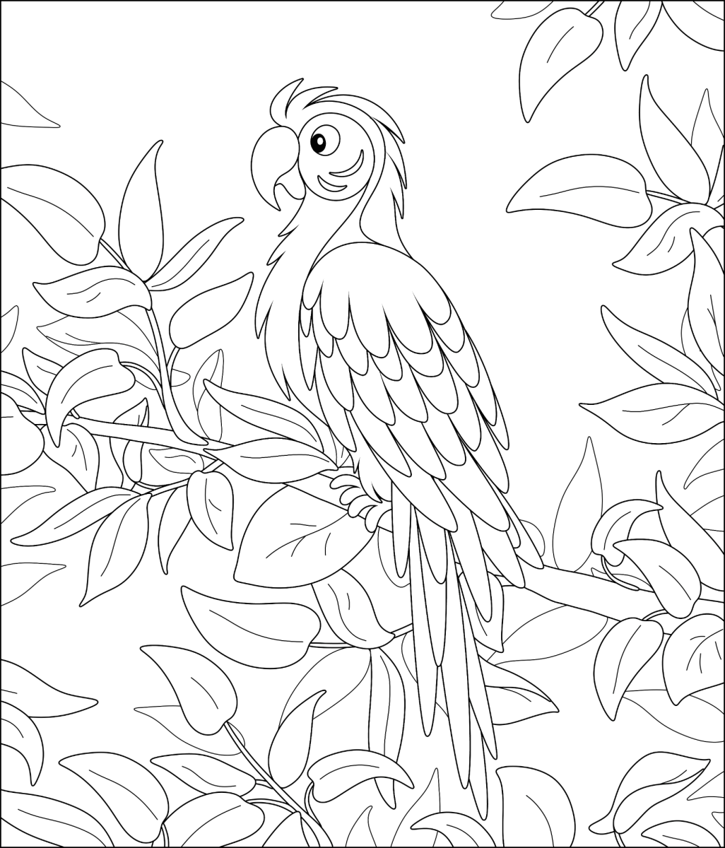 Arara entre as folhas da mata para colorir