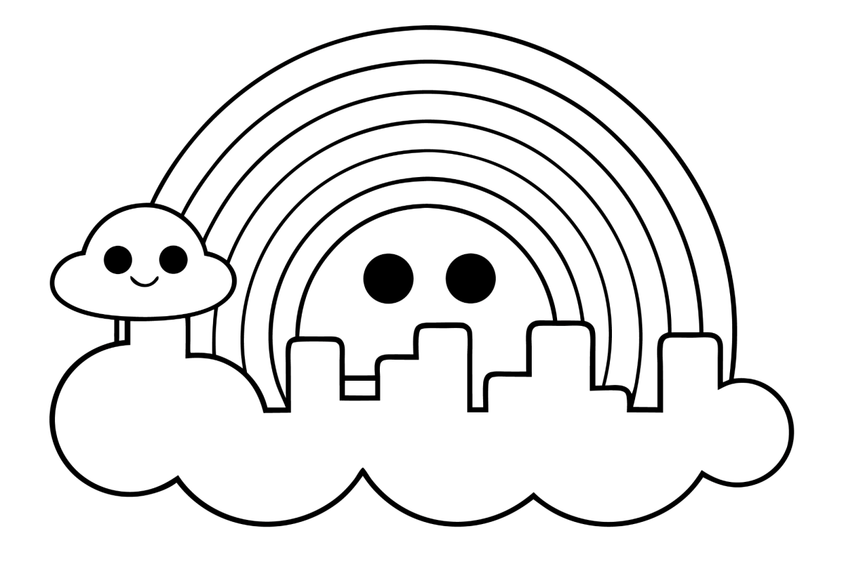 Arco-íris sobre a cidade entre nuvens para colorir