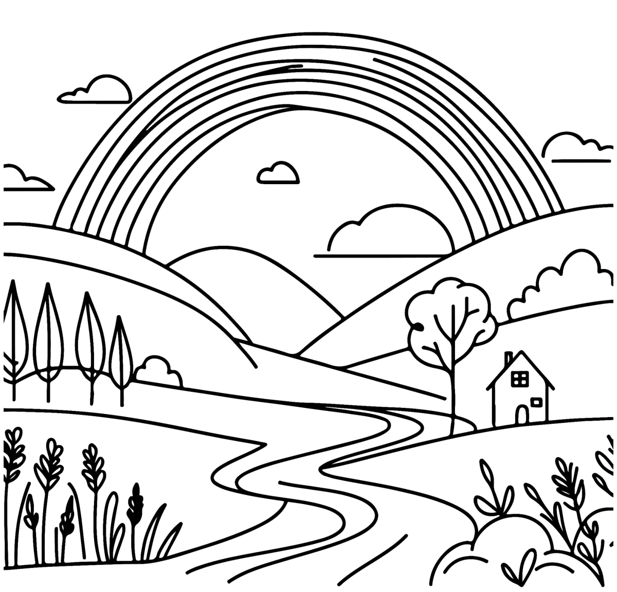 Arco-íris sobre as colinas e a casinha no campo para colorir