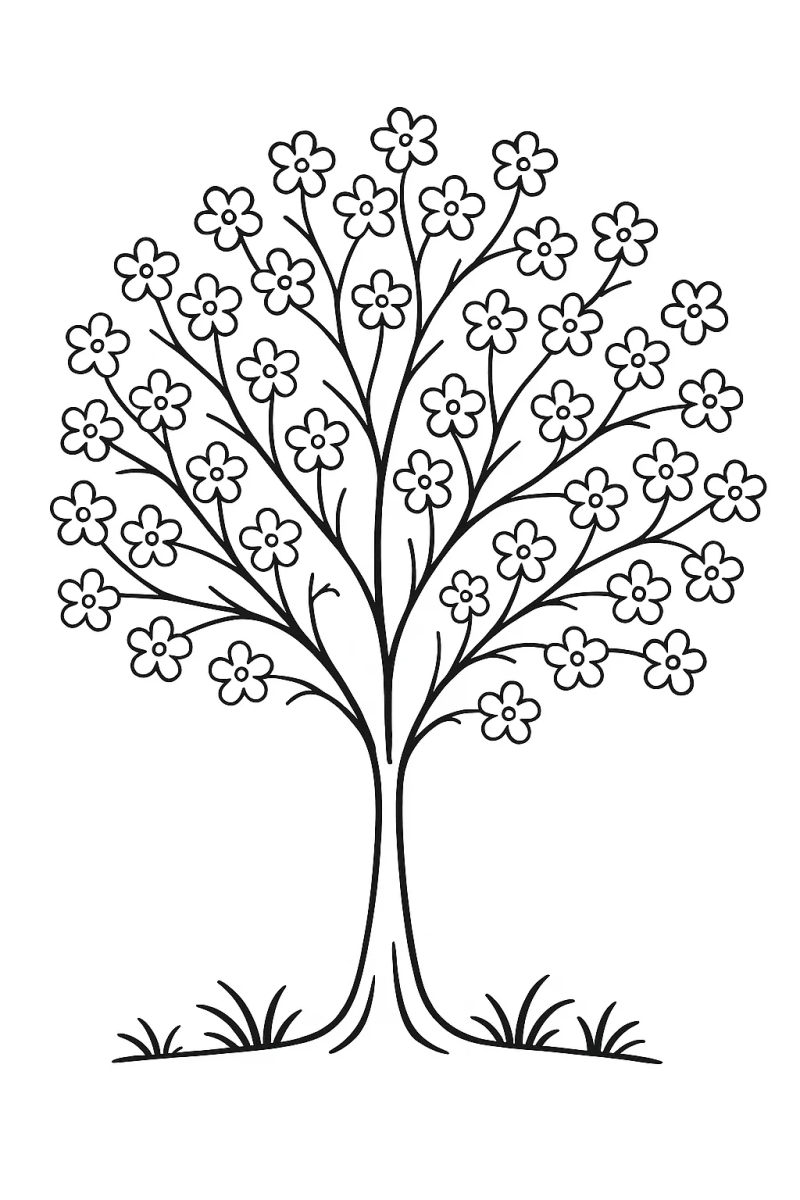Árvore com flores e grama para colorir