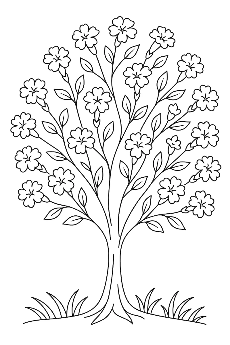 Árvore florida na primavera para colorir