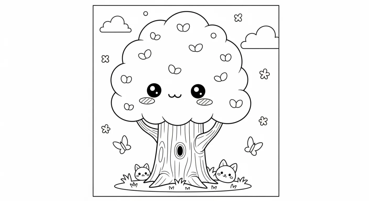 Árvore fofa com casinha de passarinho para colorir