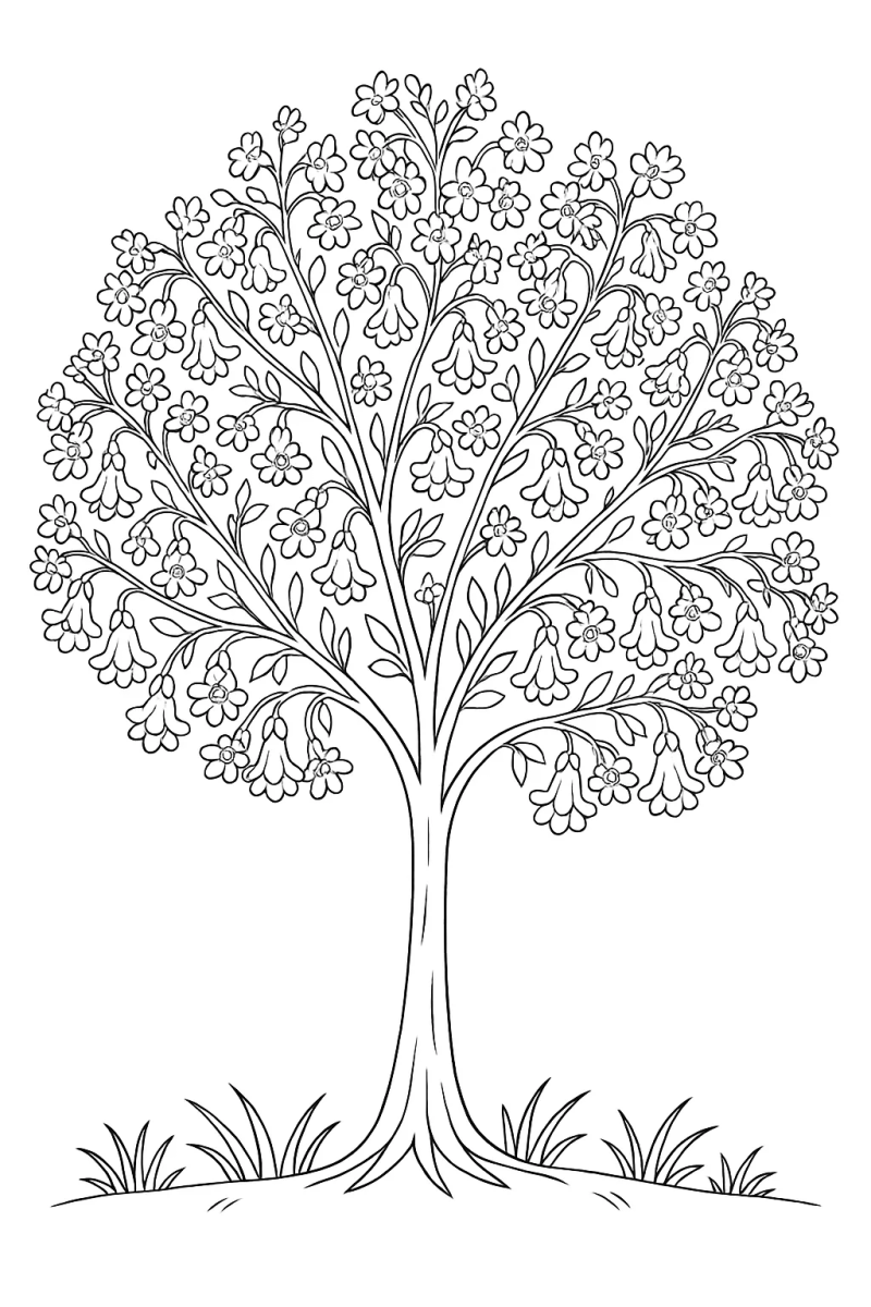 Árvore frondosa no campo para colorir