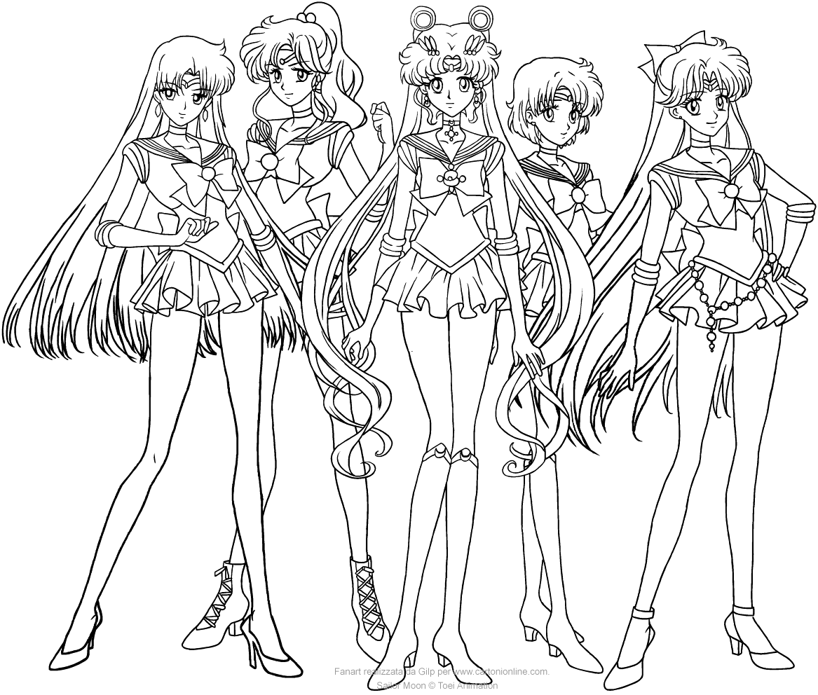 As cinco Guerreiras Sailor em pose de equipe para colorir