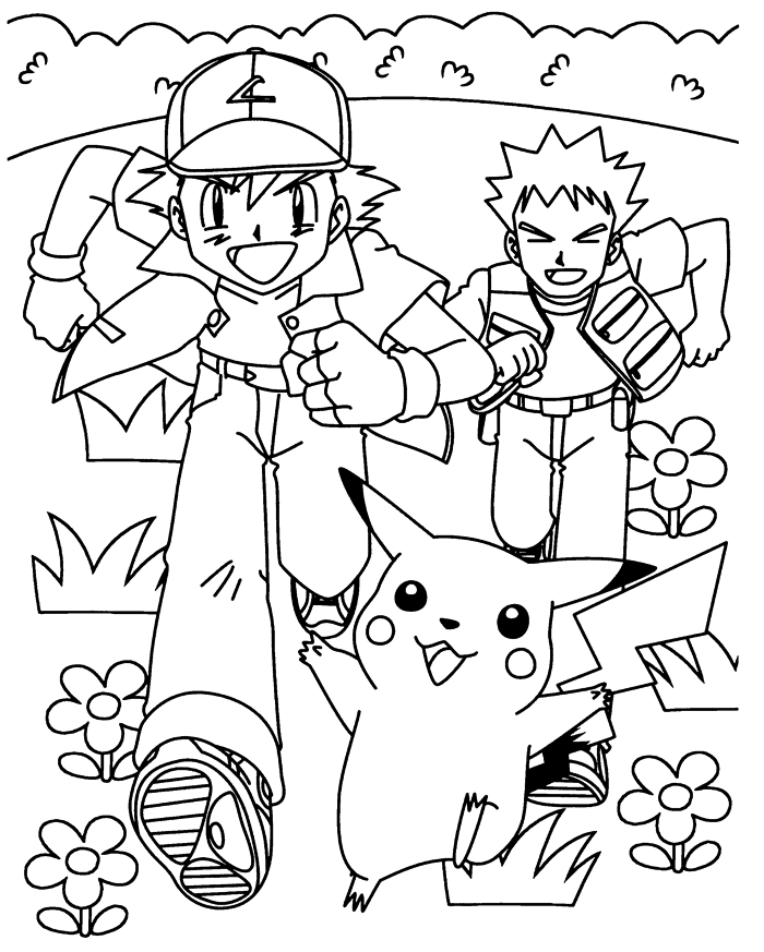 Ash, Brock e Pikachu na aventura para colorir