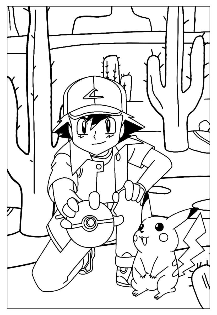 Ash e Pikachu no deserto para colorir