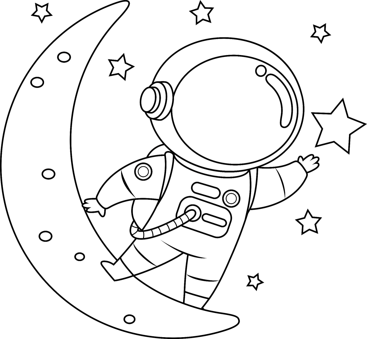 Astronauta abraçando a lua crescente para colorir