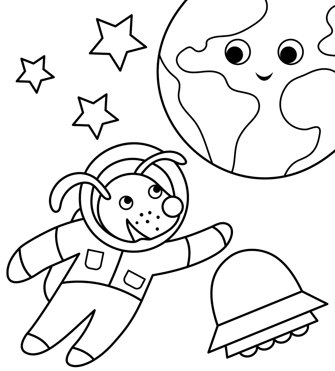 Astronauta flutuando perto da Terra e de um disco voador para colorir