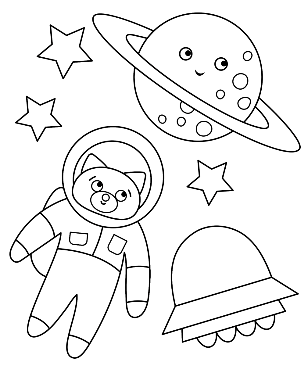 Astronauta, planeta e disco voador no espaço para colorir