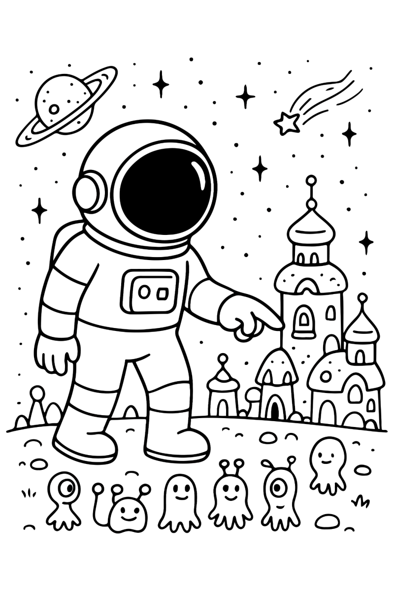 Astronauta visitando a cidade dos alienígenas para colorir