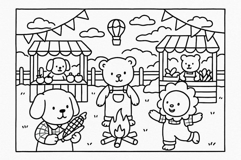 Aventura Colorida de Animais no Acampamento