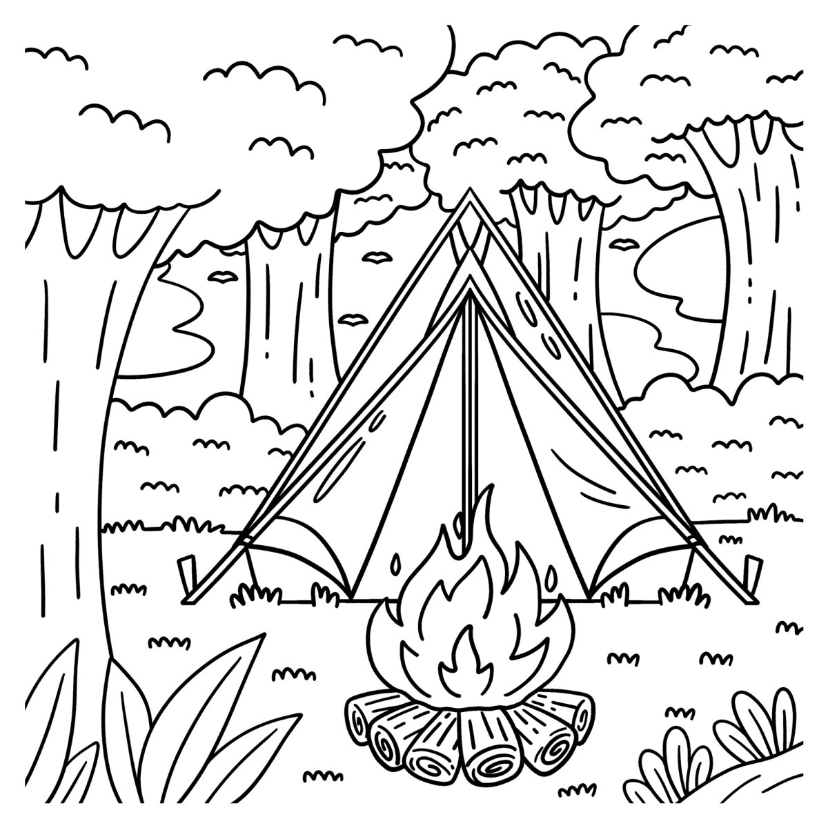 Barraca de camping com fogueira sob as árvores para colorir