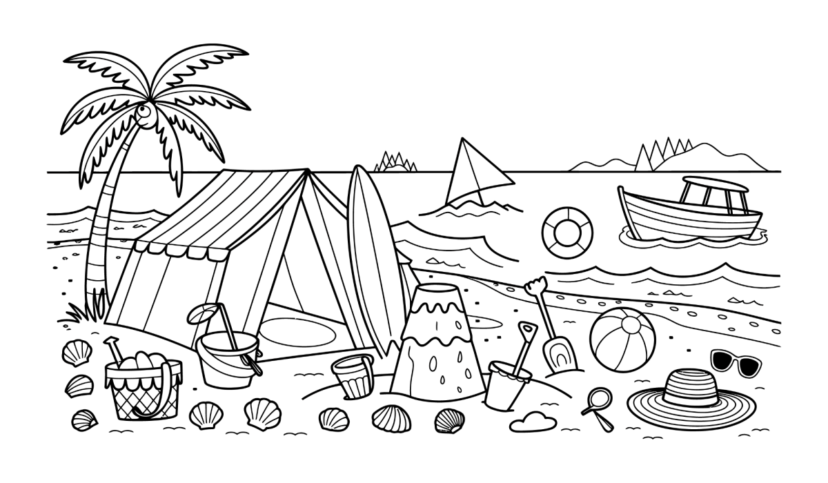 Barraca de camping na praia para colorir