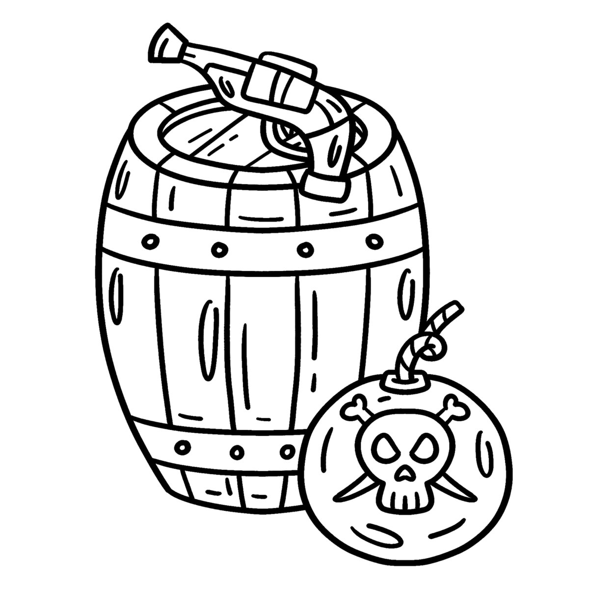 Barril de pólvora com bandeira de caveira para colorir