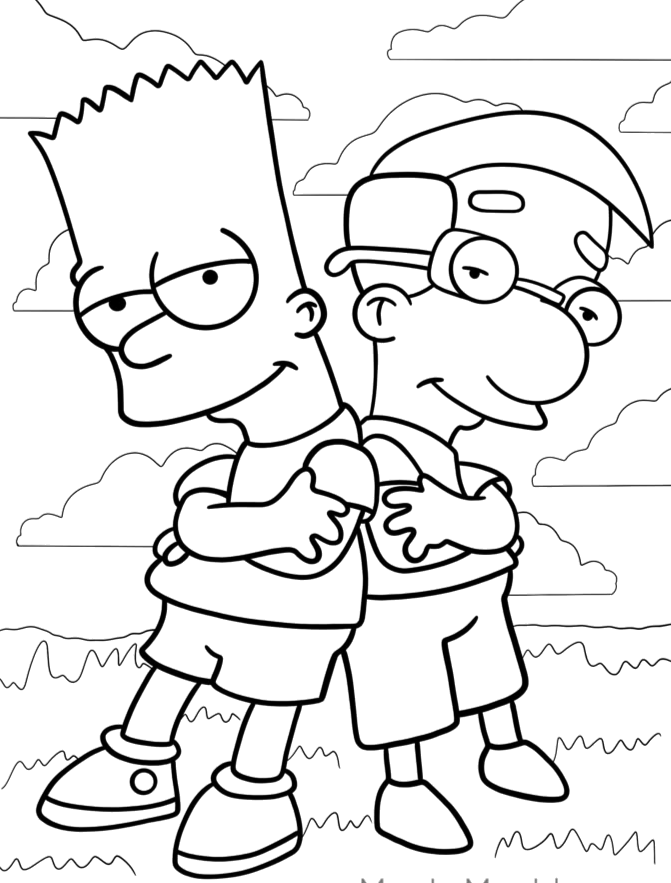 Bart Simpson e Milhouse lado a lado para colorir