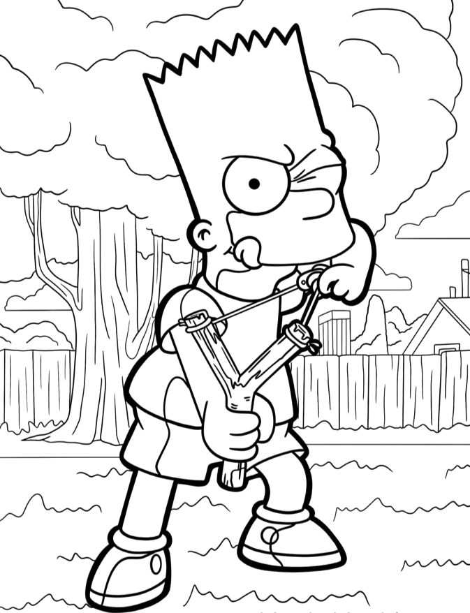 Bart Simpson mirando com o estilingue para colorir