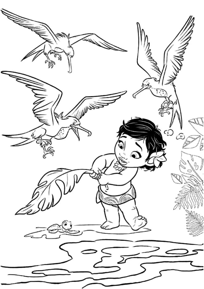 Bebê Moana com as gaivotas para colorir