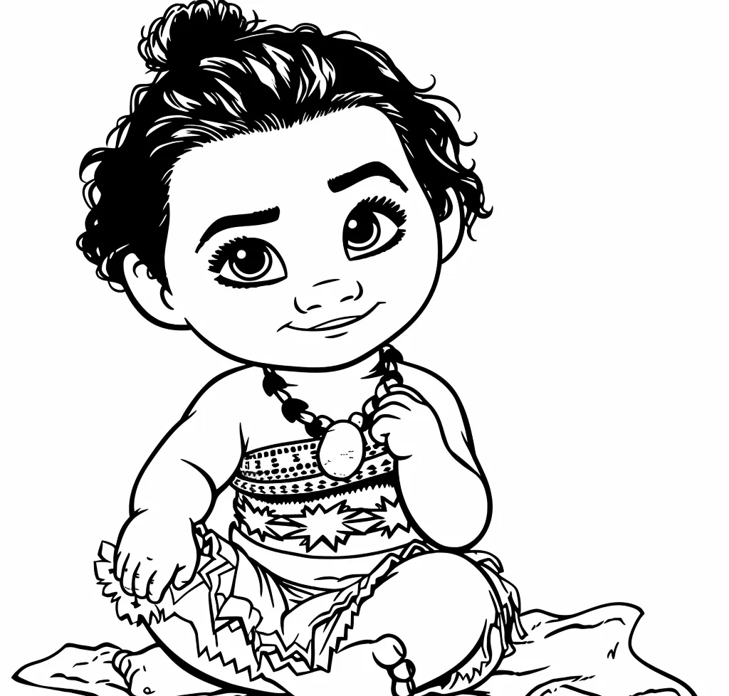 Bebê Moana sentada na areia para colorir