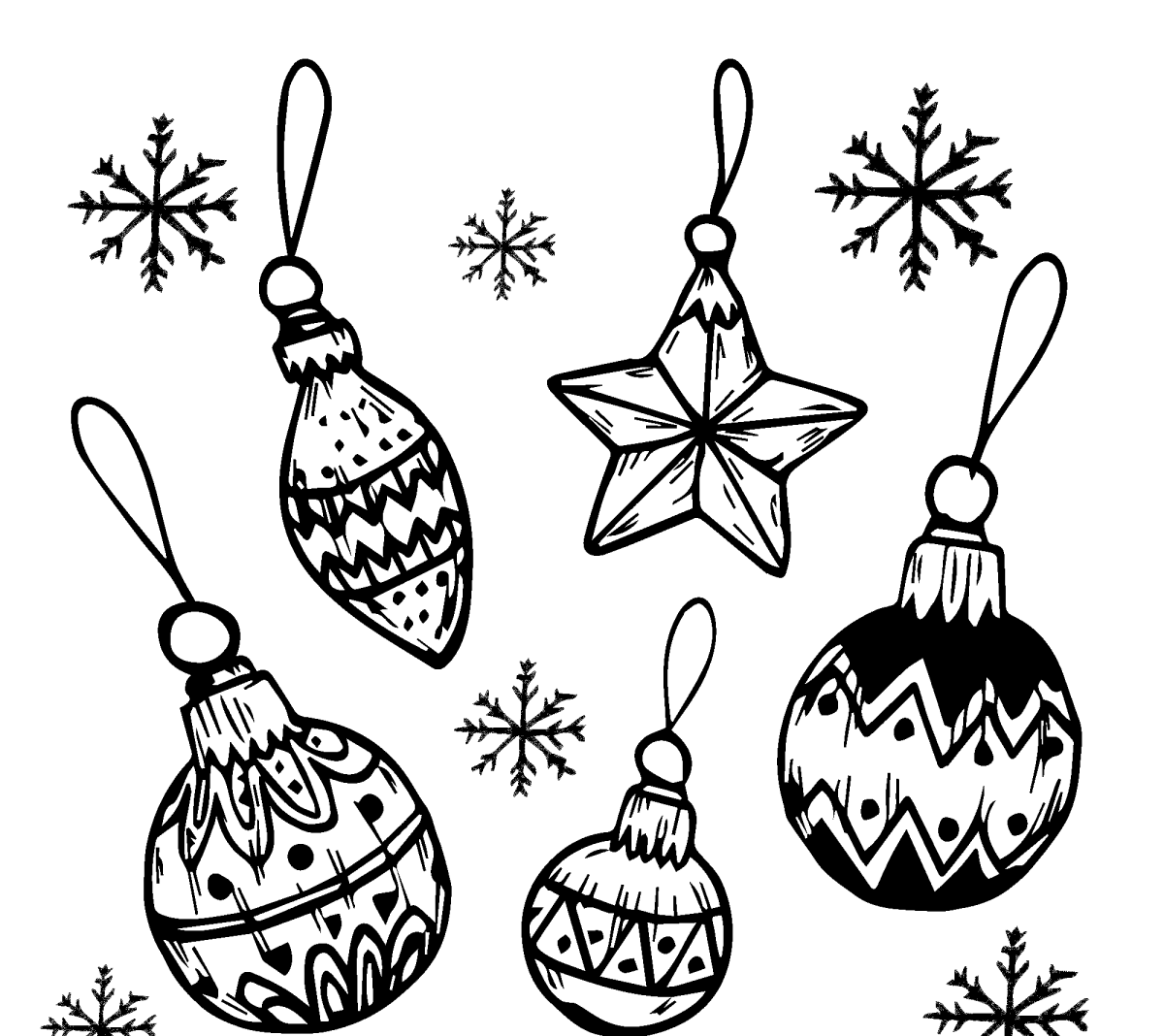 Bolas e estrela de Natal entre flocos de neve para colorir