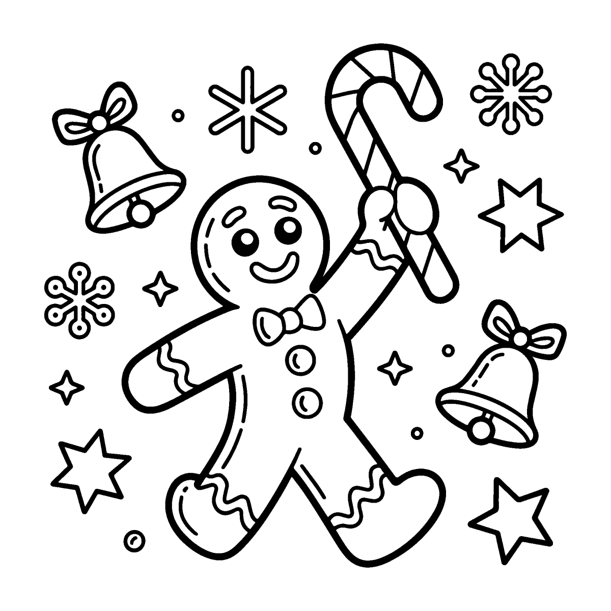 Boneco de gengibre com bengala doce, sinos e estrelas para colorir