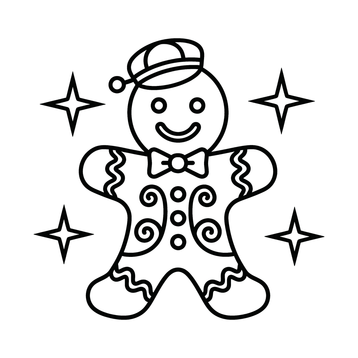 Boneco de gengibre de boné brilhando entre estrelas para colorir