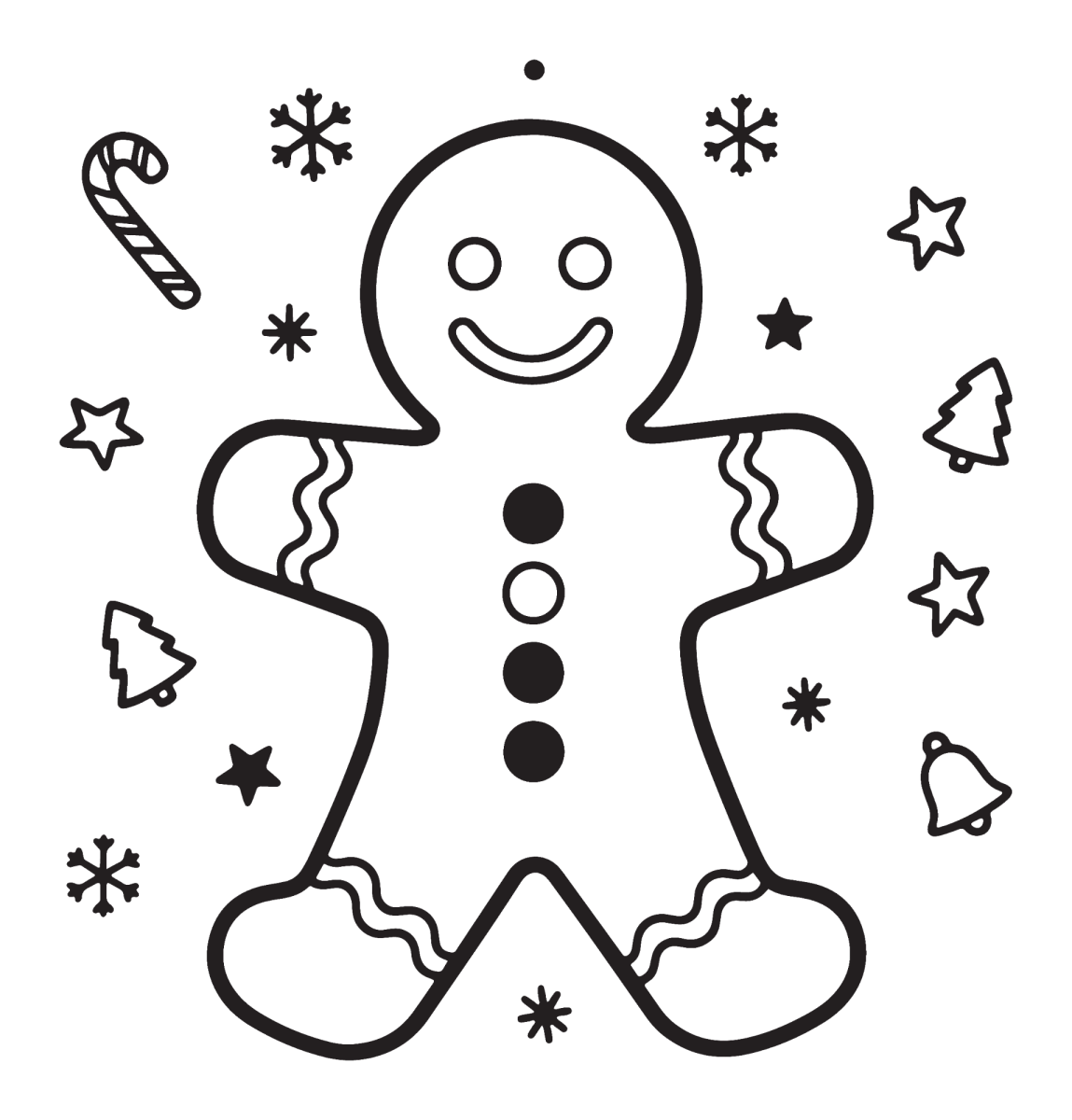 Boneco de gengibre entre estrelas e flocos de neve para colorir
