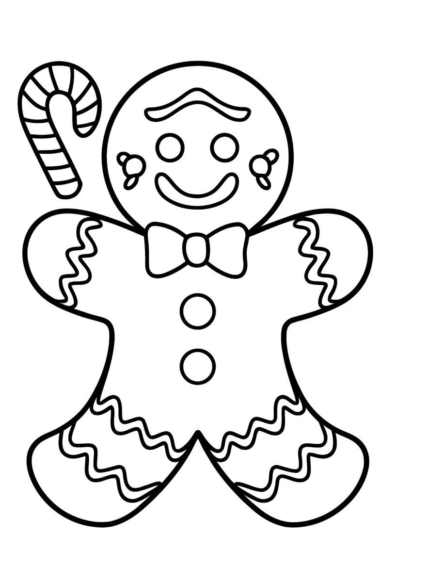 Boneco de gengibre sorridente com bengala doce para colorir