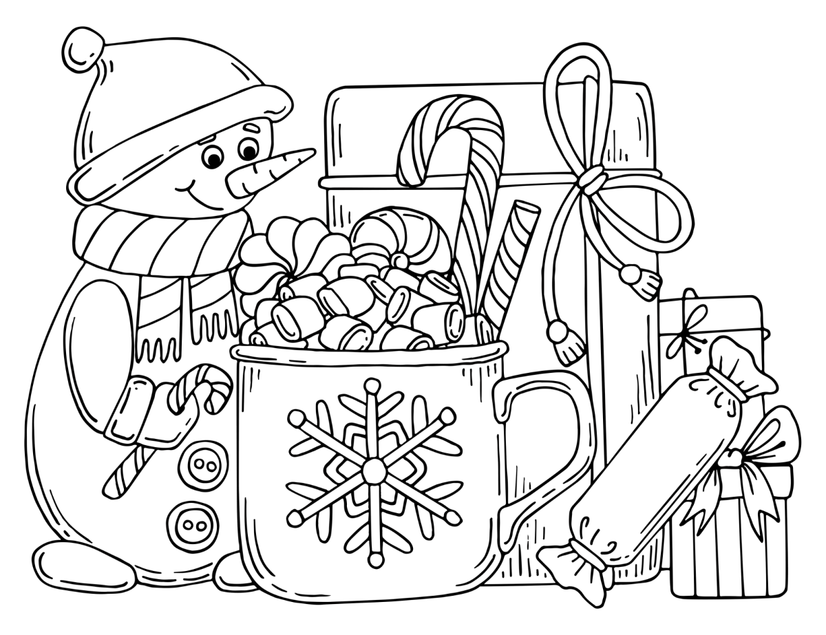 Boneco de neve com doces e caneca de Natal para colorir